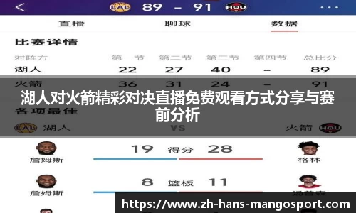 湖人对火箭精彩对决直播免费观看方式分享与赛前分析